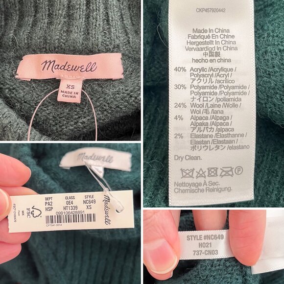 Madewell Mock Neck Sweater Crop Wool Alpaca Blend Dillon Cozy Size XS Dark Green - Picture 15 of 16